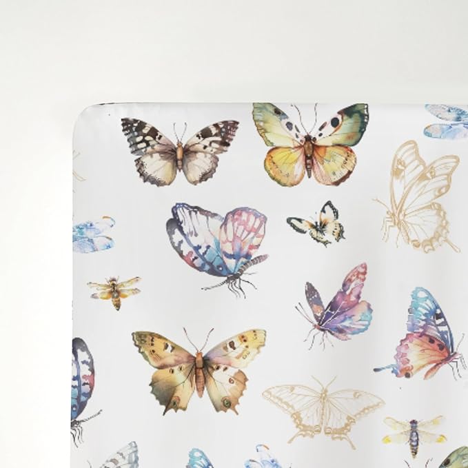 Boho Butterflies Dragonflies Baby Crib Sheets for Boy Girl 52x28Inch Vintage Butterflies Soft Stretchy Fitted Crib Mattress Cover Garden Baby Sheet for Standard Crib and Toddler Bed Mattress