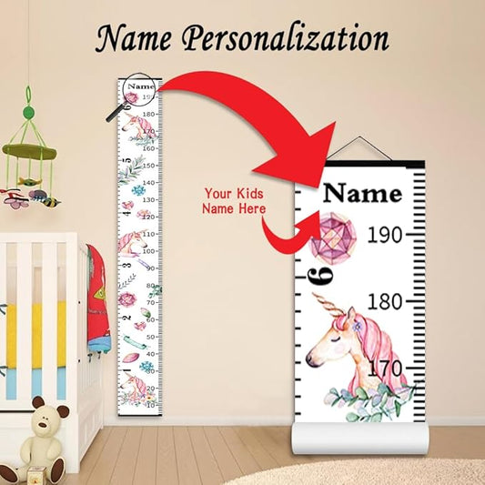 Personalized Growth Chart for Kids, Baby Height Chart with Custom Name, 77"x7.9" Canvas and Black Wood Height Measuring Rulers for Boys Girls Removable Wall Ruler Hanging for Nursery Decor - Unicorn
