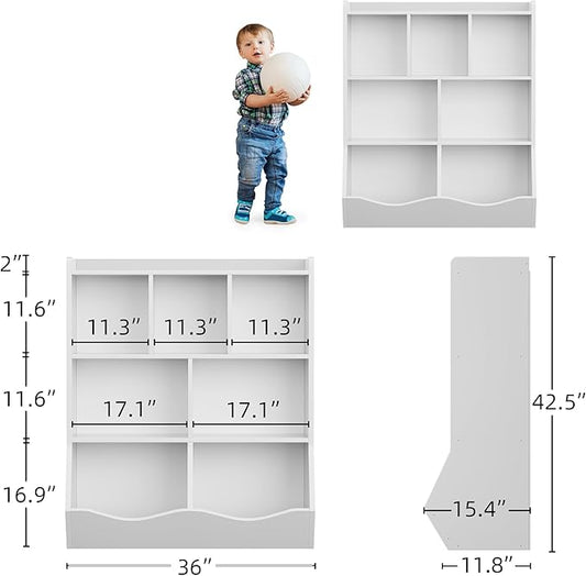 GarveeHome White Toy Storage Cabinet, Three-Tier Kids Bookshelf and Bookcase for Storage Books and Toys, Multi Shelf with Cubby Organizer for Bedroom and Playroom