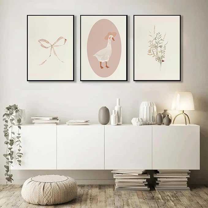 3Pcs Girls Nursery Wall Art Vintage Goose Wall Decor Pictures Pink Bow Poster Prints Kids Room Painting Artwork for Girls Room Bedroom Living Room Home Decoration,16x24in