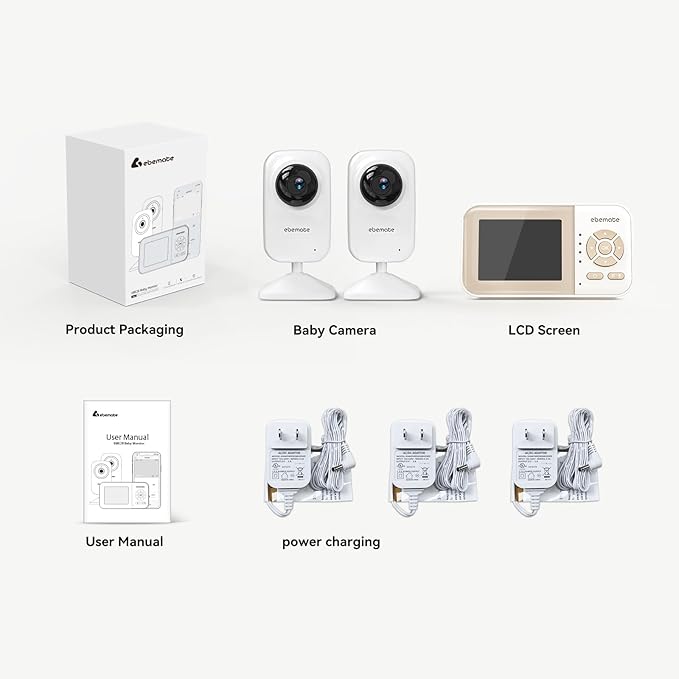ebemate Video Baby Monitor Camera with 2 Camera,2.8" LCD Screen Video & Audio No Glow Night Vision,2-Way Talk Audio Cam Baby Monitoring 1200FT Range EBE28-2