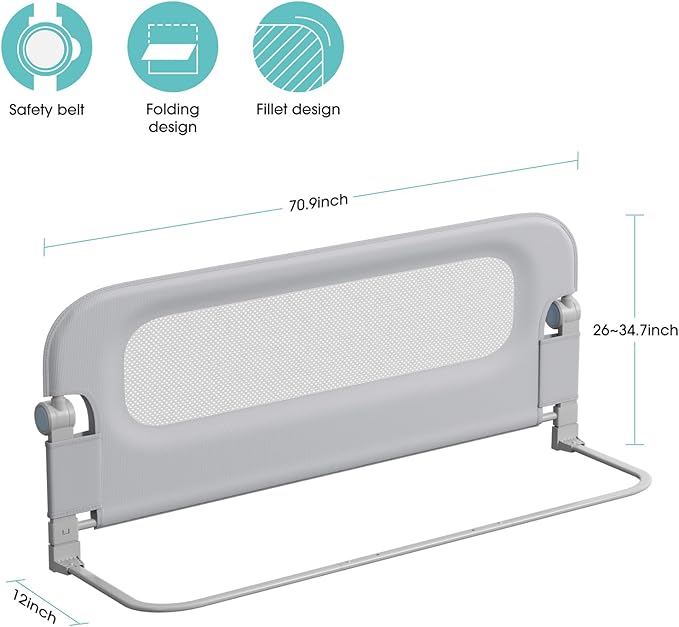 Baby Bed Rail Guard for Toddlers - 70" Toddler Bed Rails for Twin, Full, Queen, King Bunk Size Bed Swing Down Bedrail Extral Tall Child Safety Side Railing Guards for Kids Gray