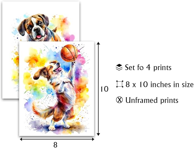 LNLAGBO Funny Dog Canvas Wall Art Prints,Watercolor Dog Plays Basketball Wall Art,Running Dogs Poster,Lovely Animal Decoration for Living Room Bedroom Office Set of 4(8"x10"Unframed)