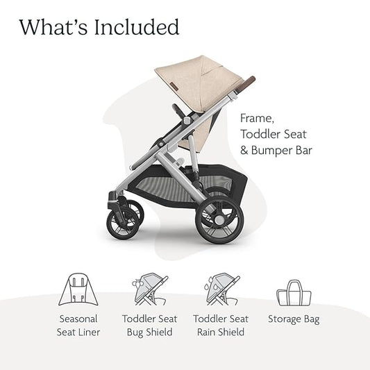 UPPAbaby Vista V3 Stroller - Full-Size Single-to-Double Stroller System - Toddler Seat, Bug Shield, Rain Shield, and Storage Bag Included - Declan (Oat Mélange/Silver Frame/Chestnut Leather)