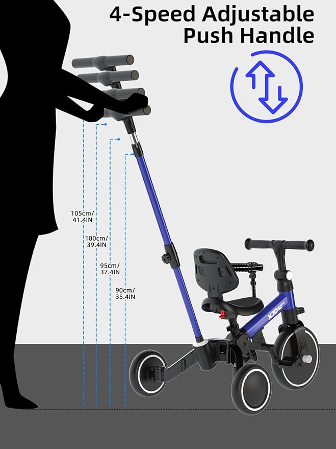XJD Toddler Bike, 6 in 1 Folding Toddler Tricycle for 1-4 Year Old with Parental Control Handle, Balance Bike with Removable Pedal, Backrest, Adjustable Seat, First Birthday Gifts (Blue)