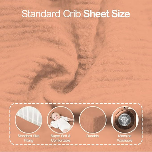 Mère & Moi Muslin Fitted Crib Sheets – 100% Cotton, Ultra-Soft & Breathable Baby Bedding for Standard Crib & Toddler Mattress (28” x 52”) - 2 Pack (Peach and Sand)
