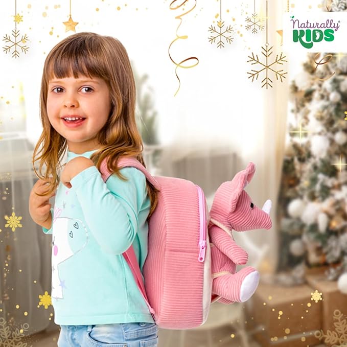 Naturally KIDS Pink Triceratops Toy, Triceratops Stuffed Animal for 2 3 4 5 Year Old Girl, Stuffed Dinosaur for Girls, Pink Toddler Backpack