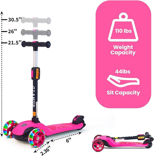 GLAMUP Kids Kick Scooter 3 Wheels, Kids Scooter Height Adjustable Handlebar, Lean-to-Steer System & Easy-Folding Mechanism, Ages 3-14 Boys and Girls