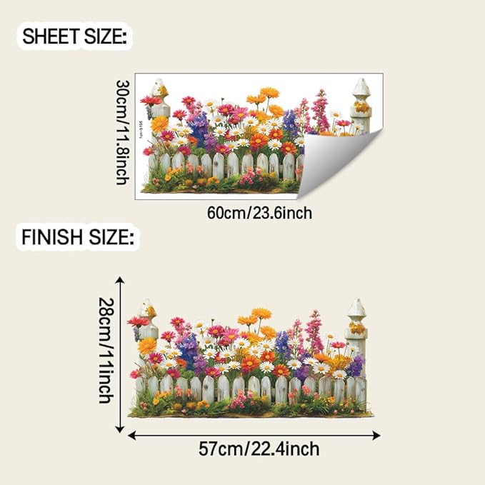Daisy Flowers Wall Decals Spring Flowers Fence Wall Stickers Removable Art Sticker for Living Room Bedroom Classroom Nursery Decor