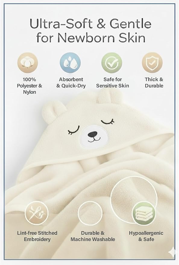 My Tiny Nugget White Hooded Baby Bath Towel – Soft & Absorbent | Cute Animal Hood | Plush Newborn Infant & Toddler Bath Wrap | Gender Neutral (White)