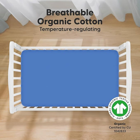 KeaBabies 2-Pack Organic Crib Sheets for Boys, Girls - 52x28 Fitted Crib Mattress Sheet Neutral, Breathable Jersey Cotton Cover for Baby Bed, Toddler Mattress, Soft & Cute Prints (Cornflower)
