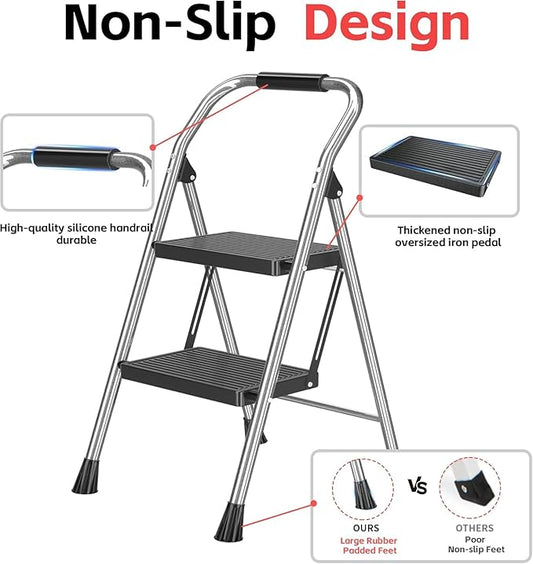 Foldable Folding Stool Step Ladder - 2 Stepping Tall Heavy Duty Extension with Handrails for Home Adults Kitchen - Extendable Stepladder Closet Stair Ladders Stepstool for Indoor House 600Lbs
