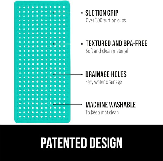 GORILLA GRIP Patented Bath Tub Shower Mat, Machine Washable Bathtub Floor Liner Mats, Suction Cups and Drain Holes to Keep Tubs Clean, Soft on Feet, Bathroom Essentials, 35x16 Inch, Turquoise Opaque