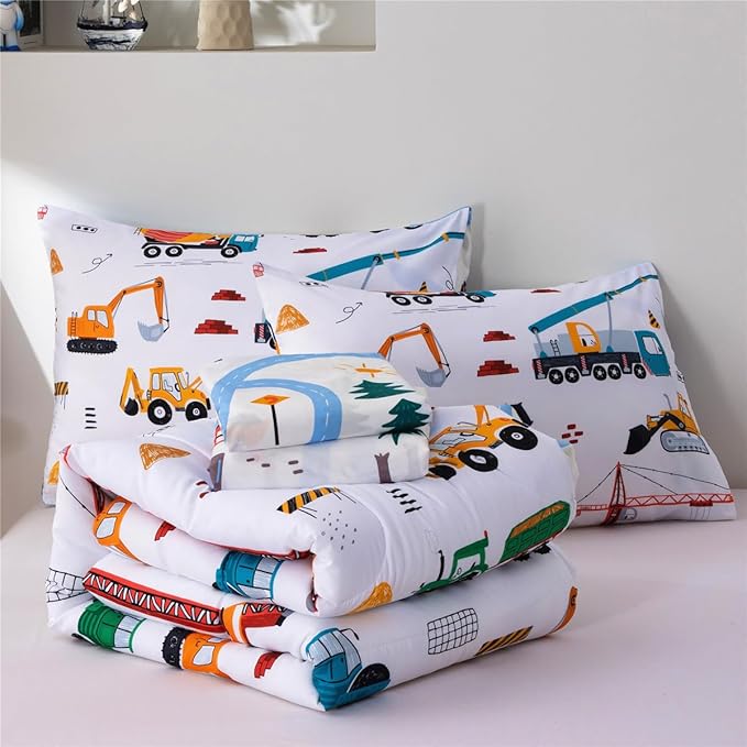 NTBED 5 Pieces Construction Truck Twin Comforter Set for Boys Kids Building Vehicles Excavator Lightweight Microfiber Bedding Sets