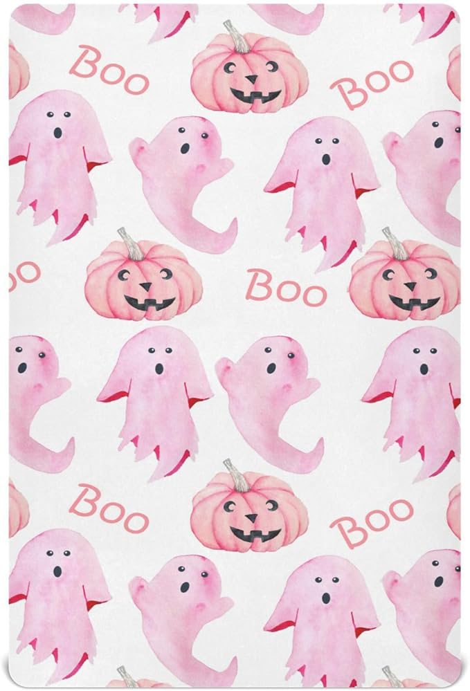 Halloween Ghosts Pink Crib Sheets Soft Breathable Fitted Baby Playard Sheets Mattress Cover for Girl Boys, 39" x 27" x 5"
