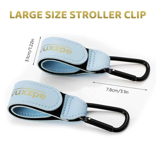 2 Pack Stroller Hooks for Hanging Diaper Bags and Shopping Bags, Accessories for Stroller and Shopping Cart, Heavy Duty Durable Large Carabiner, Advanced Faux Leather, Baby Blue