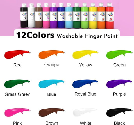 ABEIER Washable Finger Paint Bulk Pack for Toddlers, Safe Non-Toxic, 12 Vibrant Colors (8.45 Fl oz), Baby Safe Paint for Hand and Feet, Mess Free Art Supplies for Kids, Ages 1-3 4 5 6+