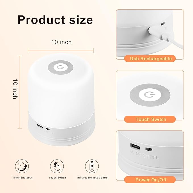Portable Night Light, USB Rechargeable Small Desk Lamp, 3 Brightness & 1 Remote, Touch Bedside Cordless Table Lamp, Portable Night Lamp for Bedroom Living Room Home (White)