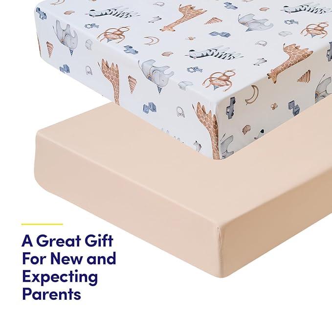 2 Pack Crib Sheets for Boys & Girls – Snug Full Elastic Fit for Standard Crib Mattresses (28″×52″) – Stylish Zoo Animals, Feathers & Arrowhead, Gingham & Petals, Watercolor Vines Prints, Zoo Animals