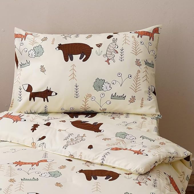 CLOTHKNOW Animal Toddler Bedding Sets for Boys, 4 Pieces Bedding Sets, Yellow Beige Bear Cartoon Pattern, Soft Crib Bed Set Including Comforter, Flat Sheet, Fitted Sheet and Pillowcase