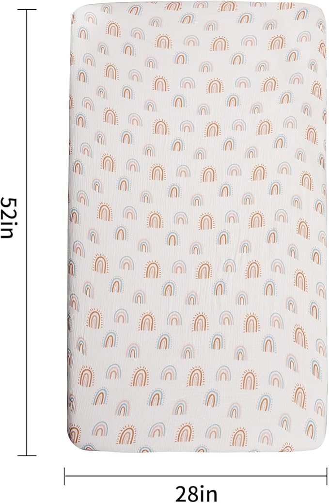 Muslin Crib Sheets–100% Organic Cotton Baby Sheets for Boys & Girls,2 Pack Muslin Mini Crib Sheets for Toddler Mattress,Breathable Crib Mattress Sheets 28''x52''(Rainbow)