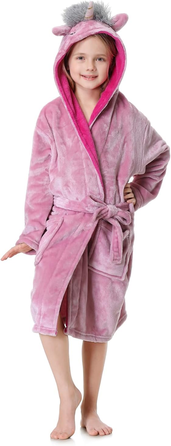 Hooded Herringbone Girl's Fleece Soft Spa Kimono Long Robe,Kids Comfy Sleepwear Bathrobe