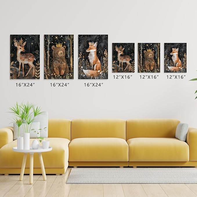Enchanted Forest Animal Nursery Decor, Set of 3 Canvas Prints, Royal Deer, Crowned Bear, Majestic Fox, Wild Night Forest Nursery Wall Art Decor, Baby Boy Girl Kid Room Decor, Framed 12"x16"