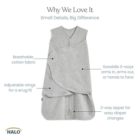 HALO 100% Cotton Sleepsack Swaddle, 3-Way Adjustable Wearable Blanket, TOG 1.5, Soft Pink, Small, 3-6 Months