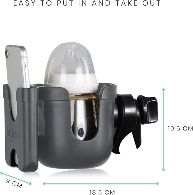 Lulyboo 2-in-1 Stroller Organizer with Phone & Cupholder, Adjustable, Rotatable, Lightweight & Durable, Fits All Phone Sizes & Beverage Bottles, Black
