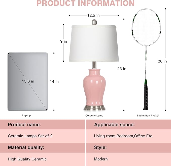 LUXEFLOW 23" Pink Ceramic Table Lamps for Living Room, Modern Ceramic Lamps with Ginger Jar Design, Cute Bedside Lamp Set of 2, Elegant Bedroom Lamp for Nightstand Dining Room Side End Table Homedecor