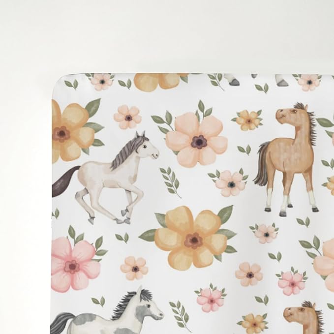 Watercolor Horse Floral Baby Crib Sheets for Boy Girl 52"x28" Running Horses Boho Flowers Soft Snug Fitted Crib Mattress Cover Wild Animals Baby Sheet for Standard Crib & Toddler Bed Mattresses
