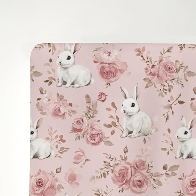 Spring Bunnies Pink Roses Baby Crib Sheets for Boy Girl 52x28Inch Cute Rabbits Flowers Soft Snug Fitted Crib Mattress Cover Spring Garden Baby Sheet for Standard Crib and Toddler Bed Mattress