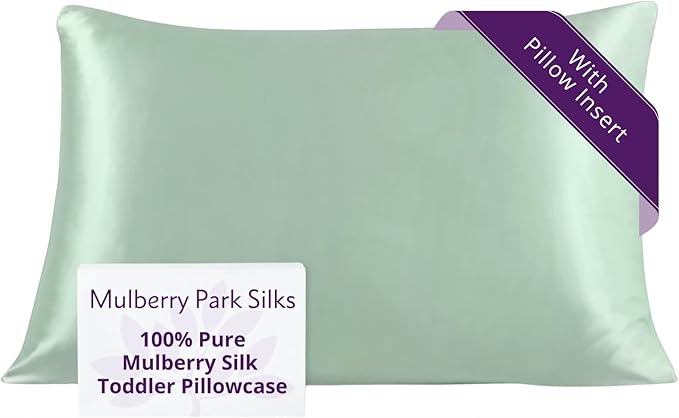 Mulberry Park 19 Momme Silk Pillowcase with Insert for Kids & Toddlers - Prevents Bed Head & Frizz, Gentle on Delicate Skin & Hair - Grade 6A Pure Mulberry Silk - 13" x 19" /Goodnight Green