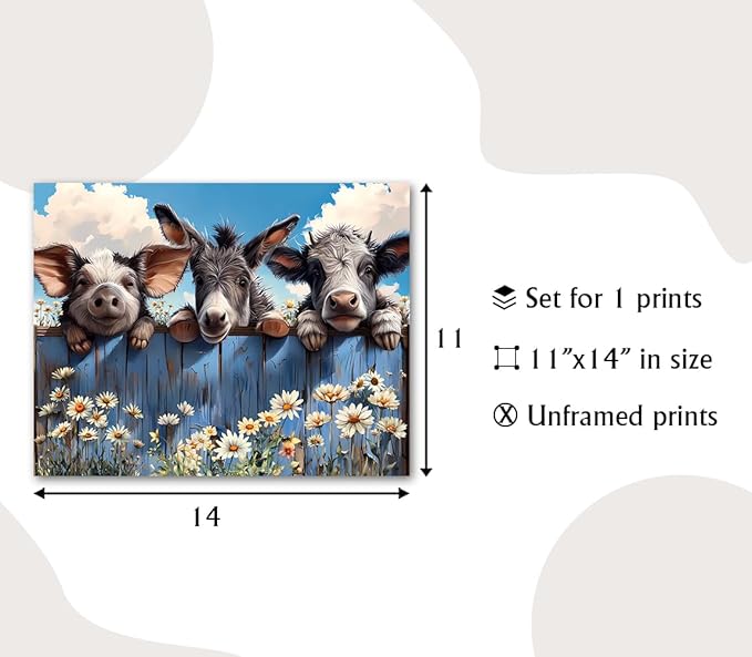 LNLAGBO Farm Animals Canvas Wall Art,Funny Farm Animals Bathroom Decor,Rustic Farmhouse Donkey Pig and Baby Cow Looking Over Fence Canvas Print for Bedroom Living Room Kitchen(11''x14''Unframed)