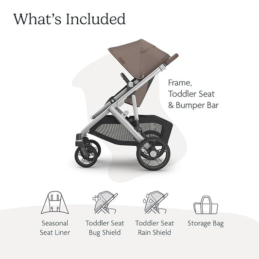 UPPAbaby Vista V3 Stroller - Full-Size Single-to-Double Stroller System - Toddler Seat, Bug Shield, Rain Shield, and Storage Bag Included - Theo (Dark Taupe/Silver Frame/Chestnut Leather)
