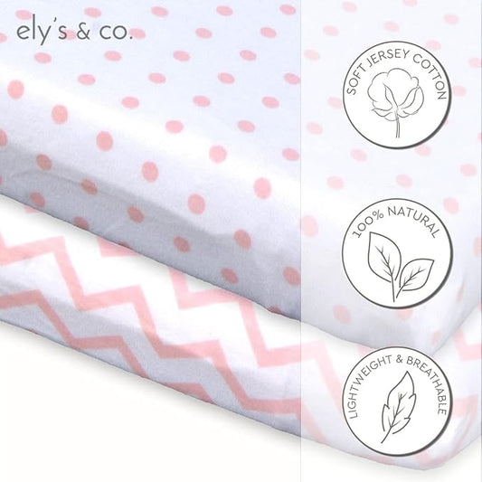 Ely's & Co Pack n Play , Portable mini Crib Sheet Set 100% Jersey Cotton Pink Chevron and Polka Dots for Baby Girl, 2 Pack