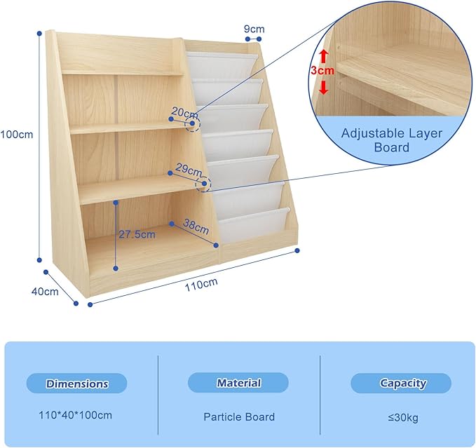 HedoAjim 4 Tier Kids Bookshelf Baby Toddler Book Rack Children Bookcase Toy Storage Organizer with 6 Sling Adjustable Shelf for Nursery Playroom Classroom Library Bedroom Natural Wood
