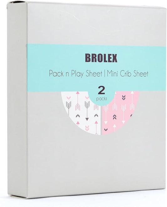 Stretchy Fitted Pack n Play Playard Sheet Set BROLEX 2 Pack Portable Mini Crib Sheets,Convertible Playard Mattress Cover,Ultra Soft Material,Pink White Arrow