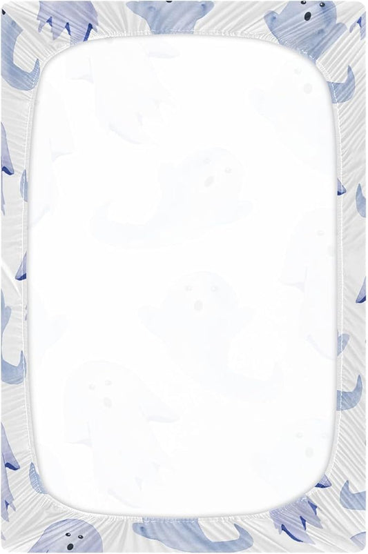 Halloween Fall Blue Ghost Crib Sheets Soft Breathable Fitted Baby Crib Sheets Mattress Cover for Girl Boys, 52" x 28" x 9"