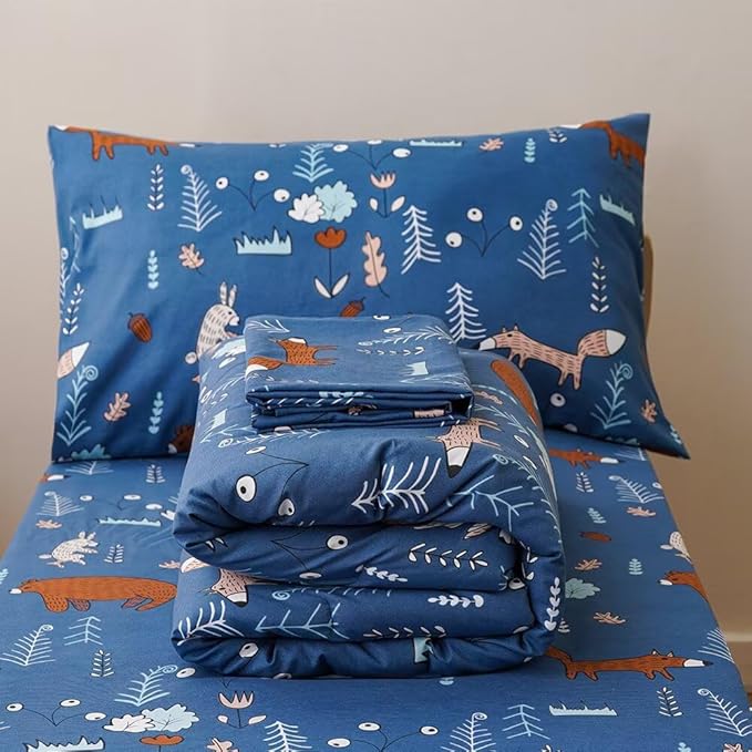 CLOTHKNOW Animal Toddler Bedding Sets for Boys, 4 Pieces Bedding Sets, Navy Blue Bear Cartoon Pattern, Soft Crib Bed Set Including Comforter, Flat Sheet, Fitted Sheet and Pillowcase