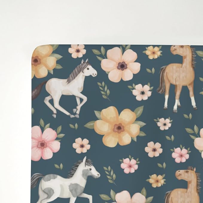 Watercolor Horse Floral Baby Crib Sheets for Boy Girl 52"x28" Running Horses Boho Flowers Soft Snug Fitted Crib Mattress Cover Wild Animals Baby Sheet for Standard Crib & Toddler Bed Mattress Navy