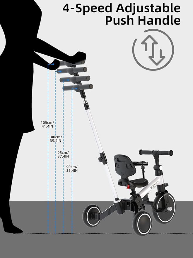 XJD Toddler Bike, 6 in 1 Folding Toddler Tricycle for 1-4 Year Old with Parental Control Handle, Balance Bike with Removable Pedal, Backrest, Adjustable Seat, First Birthday Gifts (White)