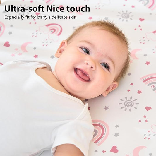 Baby Mini Crib Sheets Girl, Portable 38”x26” Pack and Play Sheets Fitted for Playard and Pack N Play Mattress, 3-Pack Soft Microfiber Pink Rainbow