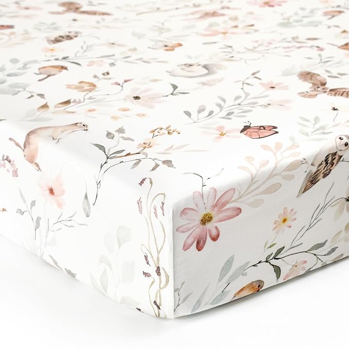 GRSSDER Stretch Ultra Soft Jersey Knit Fitted Crib Sheets Set 2 Pack,Fit All Standard Crib Mattress Pads Safe and Snug, Crib Fitted Sheet for Girls, Beautiful Blush Pink Floral and Cute Animals Print