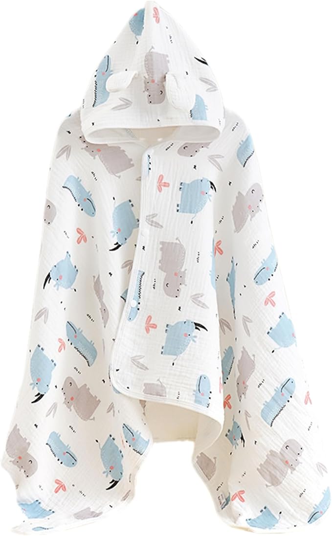 Baby Towel with Hood Thickened Hooded Baby Towel with Hippo & Crocodile Pattern 28x55'' Fast Absorption Hooded with Snap Button for Toddlers of All Ages