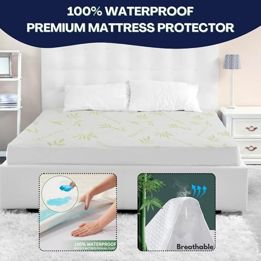 Bamboo Mattress Protector with Zipper - 100% Waterproof Twin XL Size Cooling Mattress Cover - Ultra Soft Jacquard Fabric Breathable Noiseless Mattress Pad Cover - Zippered Mattress Encasement