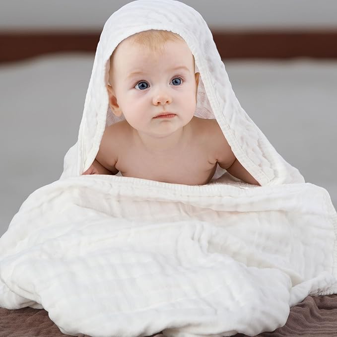 Peryiter 4 Pcs Muslin Hooded Baby Towels, 32x 32'' Cotton Newborn Bath Towel Muslin Infant Baby Blankets Absorbent Unisex Christmas Registry Gift Essentials for Girls Boys (White,Coffee,Blue)