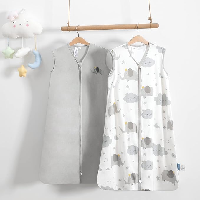 TILLYOU 2 Pack Baby Sleep Sack 18-24 Months 100% Cotton Wearable Blanket 0.5 TOG Sleeveless Summer Sleep Sacks with 2-Way Zipper, Grey Elephant & Cloud
