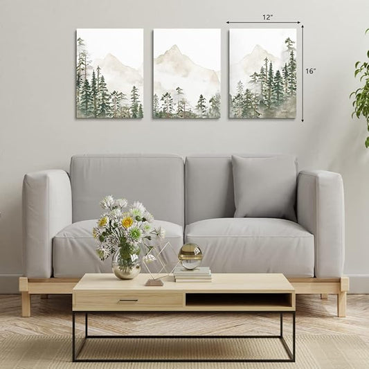 SKYSUKEY Foggy Forest Wall Art Woodland Nursery Wall Decor Netural Wild Nature Nursery Decor Mountain Wall Art Green Landscape Prints for Boy Girl Bedroom Living Room Home, Framed Set 3, 12"x16"