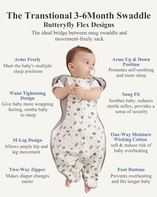 KIDIRA Transition Swaddle, Baby Swaddles 3-6 Months 12-18 lb, Swaddle Sleep Sack with 2-Way Zipper Moisture-Wicking Fabric,(Spaceships)